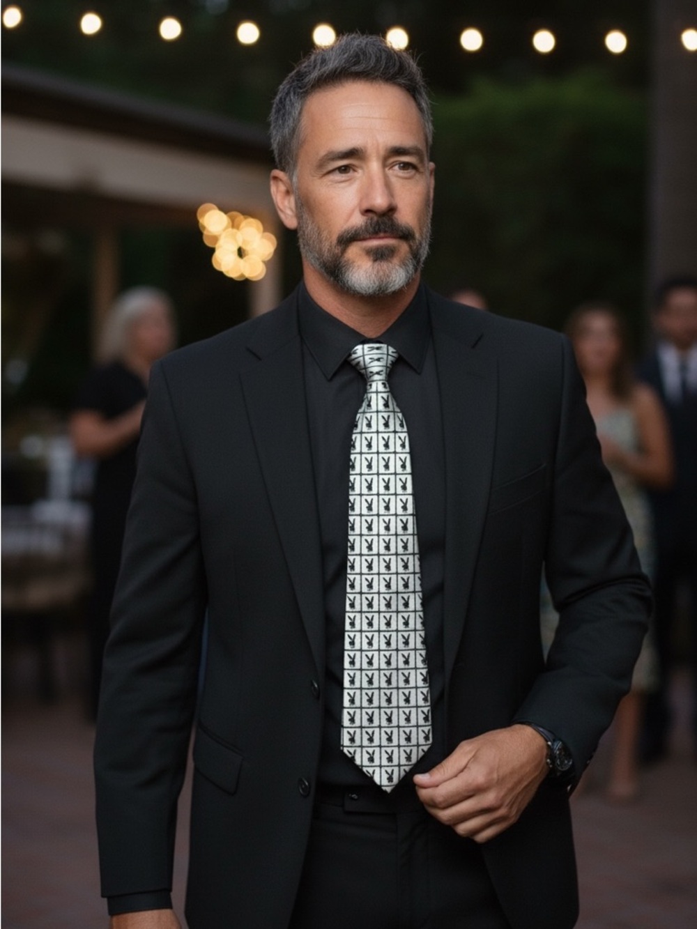 Mens pale gray/white necktie with black playboy bunny design!! Retro